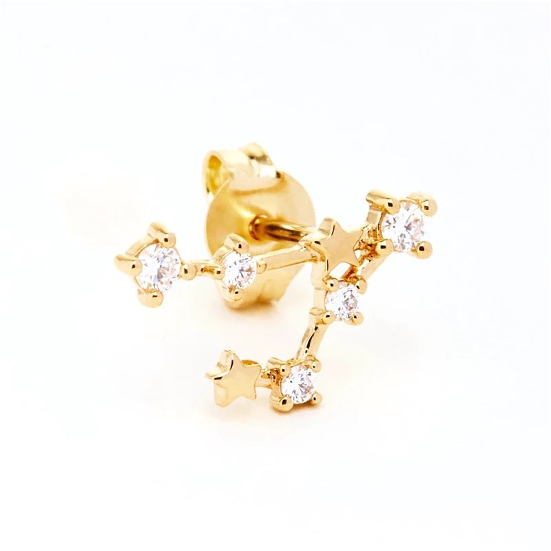Gold Pisces Zodiac stud earring with clear crystals tracing the constellation, shown on white, part of the Pisces Zodiac BUNDLE.