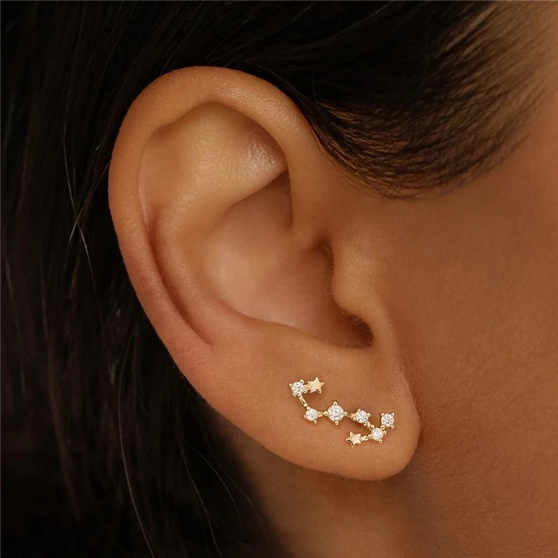 Ear wearing a gold Zodiac stud, a crystal-set constellation climbing the lobe, from the Pisces Zodiac Stud and Necklace BUNDLE.