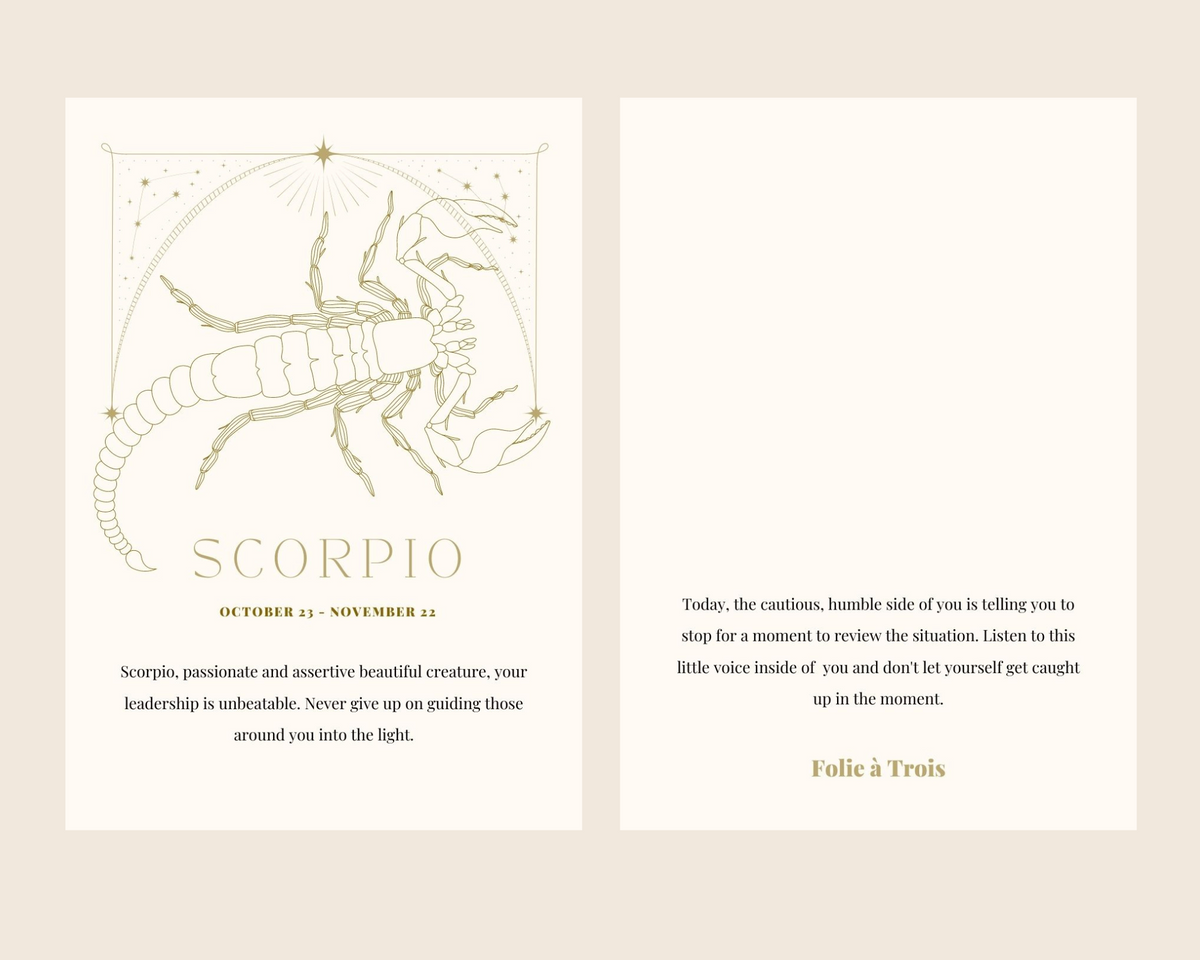 Folie à Trois Scorpio zodiac card with a gold line illustration, dates and horoscope message, included in the Scorpio Zodiac BUNDLE.