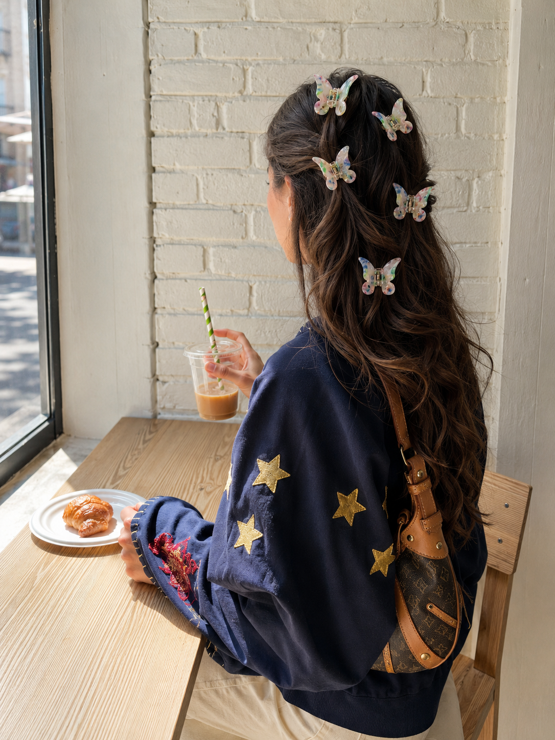 A woman with long brown hair sits at a wooden table by a window, wearing butterfly-shaped hair clips. She is seen from behind, wearing a navy blue bomber jacket with gold stars and holding a drink.
