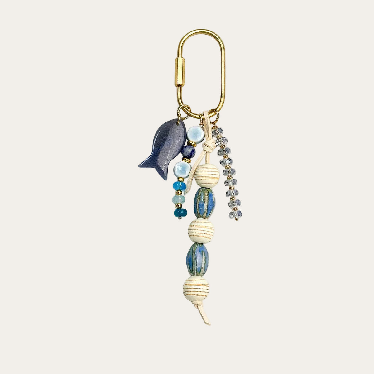 Pescado BAG CHARM Blue Sandstone Fish - navy enamel fish charm with cream striped beads