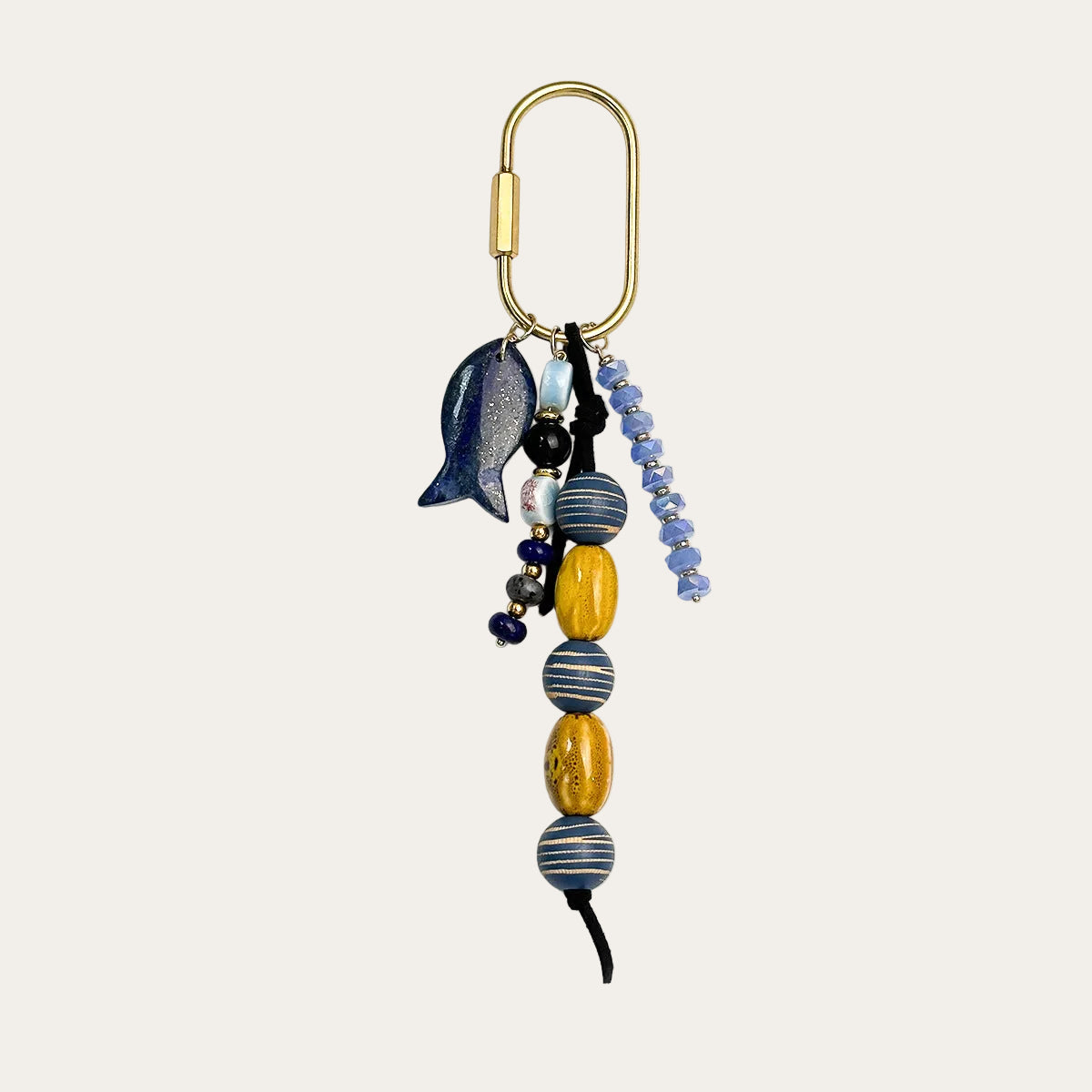 Pescado BAG CHARM Blue Mustard Fish - navy enamel fish charm with blue striped beads