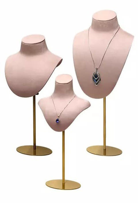 Three blush pink Mannequin Velvet DISPLAY busts in small, medium and tall heights on brushed gold bases, white background.