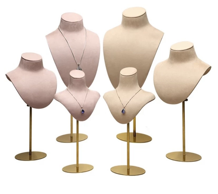 Six Mannequin Velvet DISPLAY busts in blush pink and beige velvet, tall and short, on slim brushed gold stands.